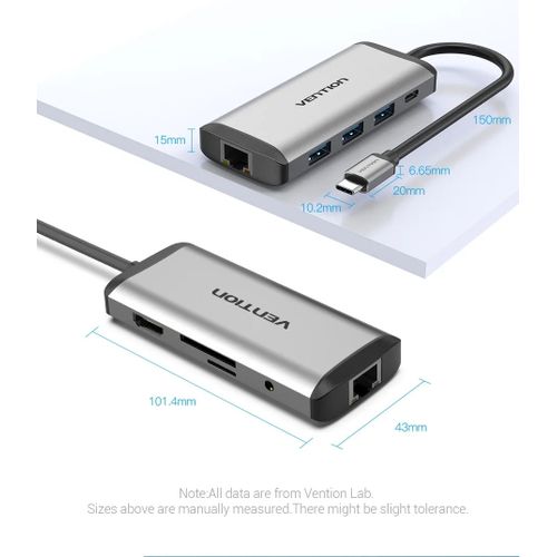 Vention USB C Multi-function 9 in 1 Docking Station Type-C to HDMI/USB3.0*3/TF/SD/RJ45/3.5mm/PD Docking Station 0.15m Gray Metal Type ( 87W)- THAHB Vention USB C Multi-function 9 in 1 Docking Station Type-C to HDMI/USB3.0*3/TF/SD/RJ45/3.5mm/PD Docking Station 0.15m Gray Metal Type ( 87W)- THAHB